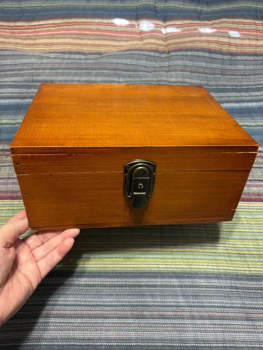 Wooden Lock Box with Hinged Lid and Keys.